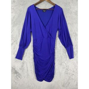 Bebe‎ Dress Womens Medium Blue Long Sleeve Ruched Wrap V Neck Bodycon Party